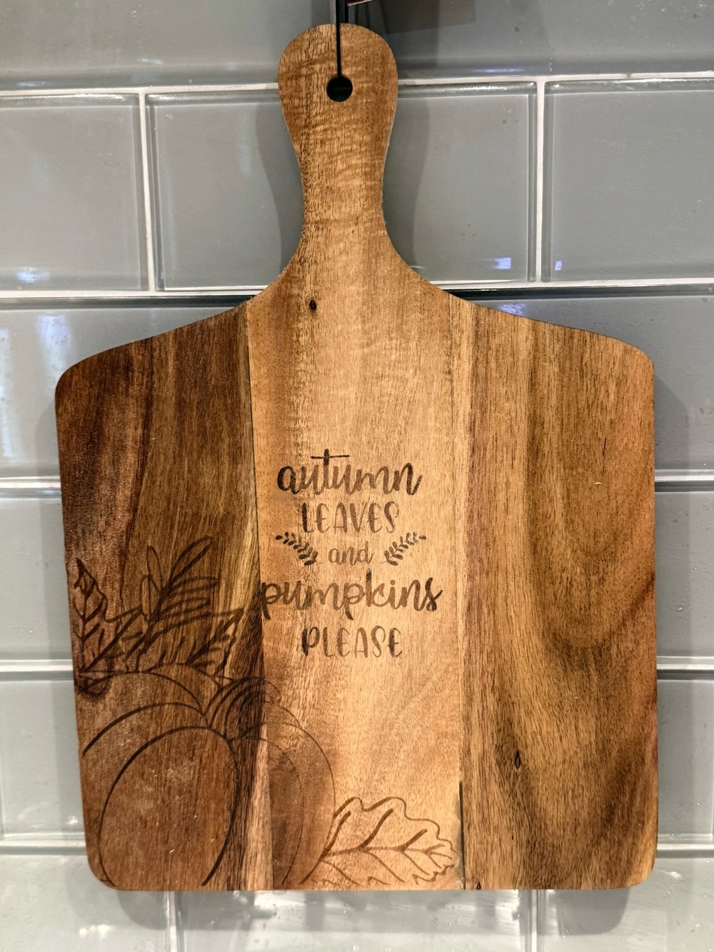 Autumn Leaves and Pumpkins Please Fall Wood Paddle Charcuterie Serving Board NWT
